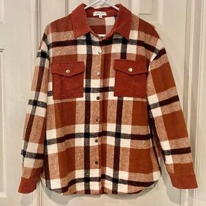 Grace & Lace Flannel Rust Plaid Shacket Small - Med, So Soft Corduroy Trim Snap